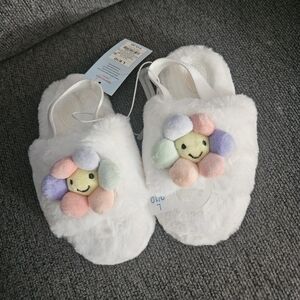 Fluffy White Slippers with Colorful Flower Design